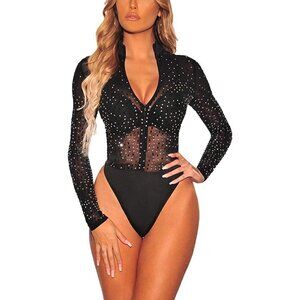 SEXY Sheer Mesh V neck See Through Leotard Bodysuit Long Sleeve Stretchy NWT
